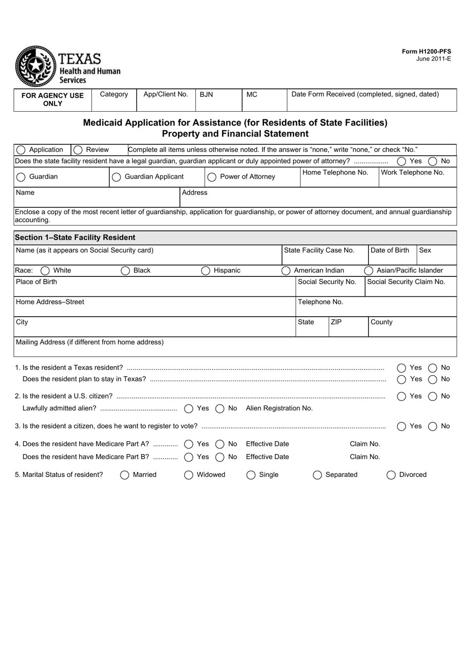 Form H1200-PFS Medicaid Application for Assistance (For Residents of State Facilities) Property and Financial Statement - Texas, Page 1