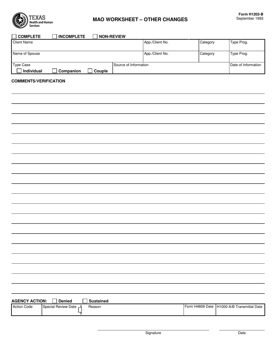 Form H1202-B Mao Worksheet - Other Changes - Texas, Page 1