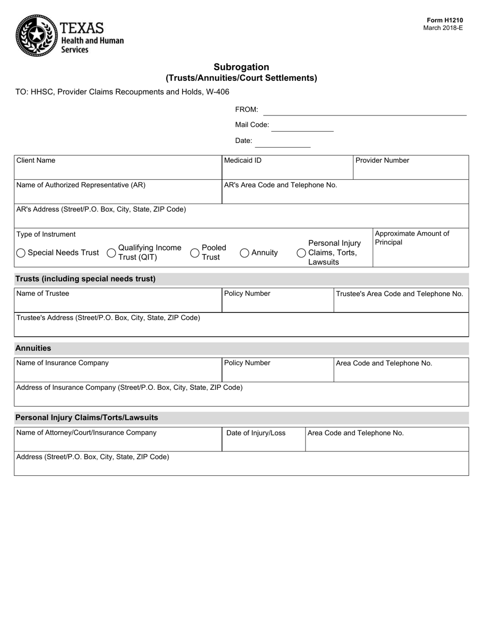 Form H1210 Subrogation (Trusts / Annuities / Court Settlements) - Texas, Page 1