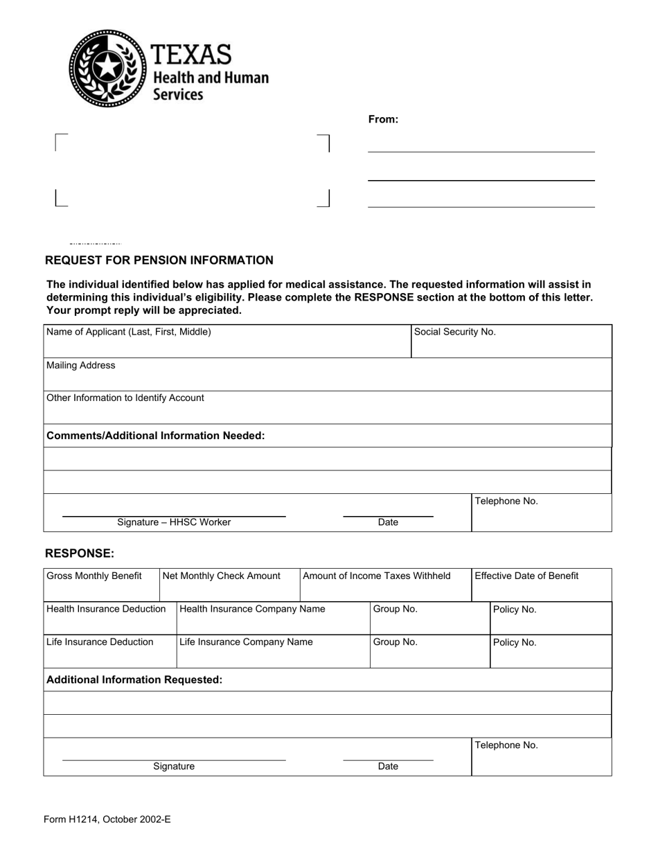 Form H1214 Request for Pension Information - Texas, Page 1
