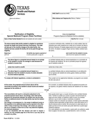 Document preview: Form H1207-A Notification of Eligibility Special Medicaid Program (State Facilities) - Texas (English/Spanish)