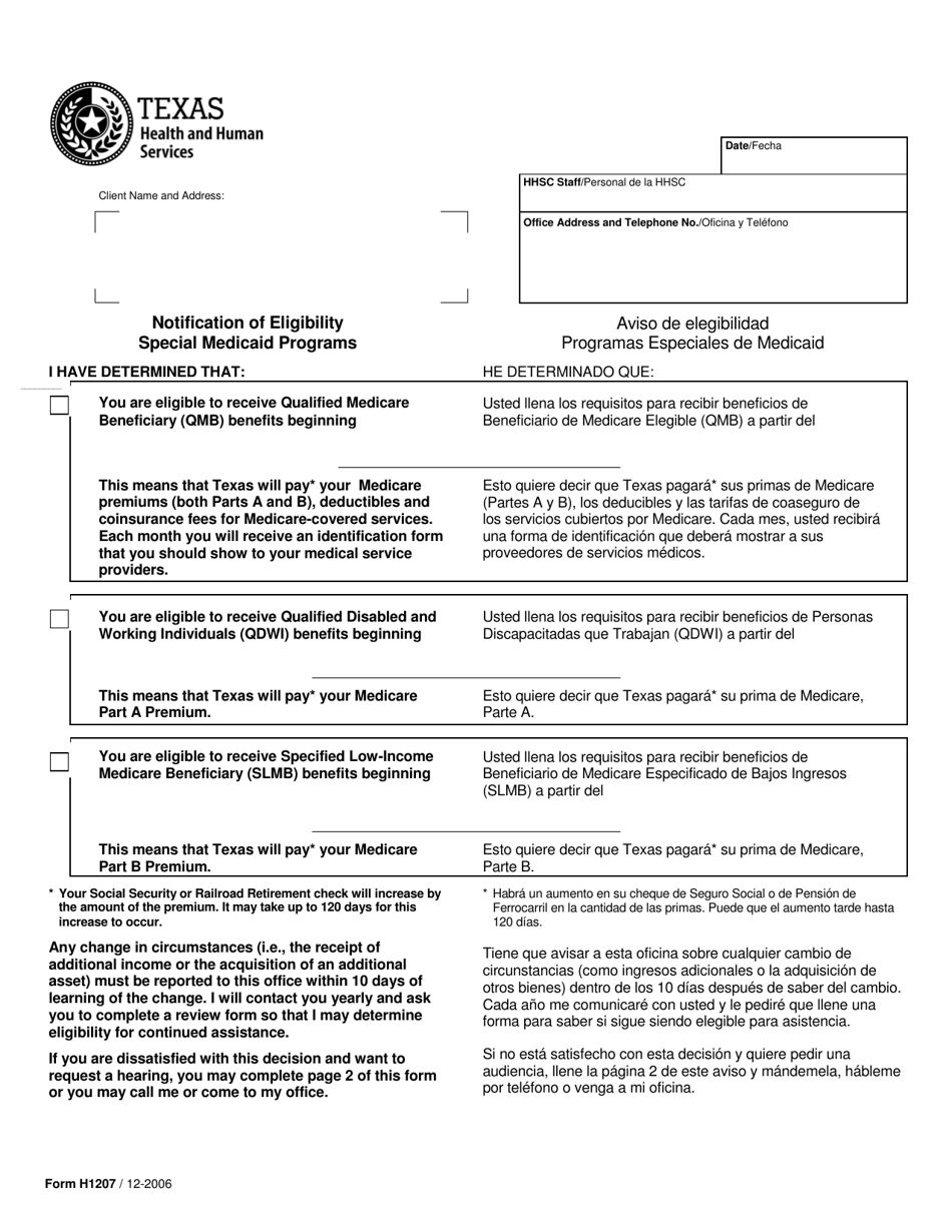 Form H1207 Notification of Eligibility - Special Medicaid Programs - Texas (English / Spanish), Page 1