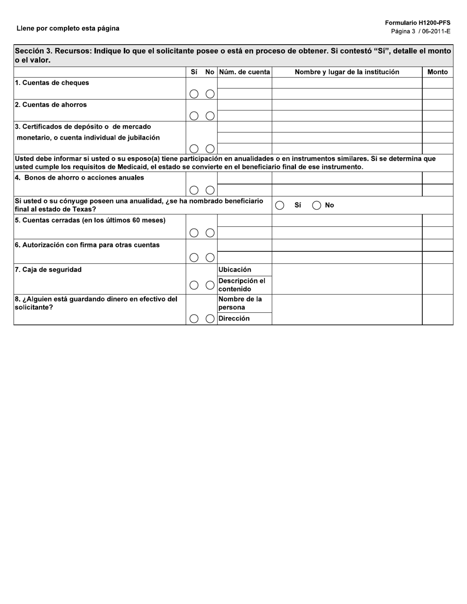 Formulario H1200-PFS-S Solicitud De Asistencia De Medicaid (Para Residentes De Centros Estatales) Declaracion De Bienes Y Financiera - Texas (Spanish), Page 3