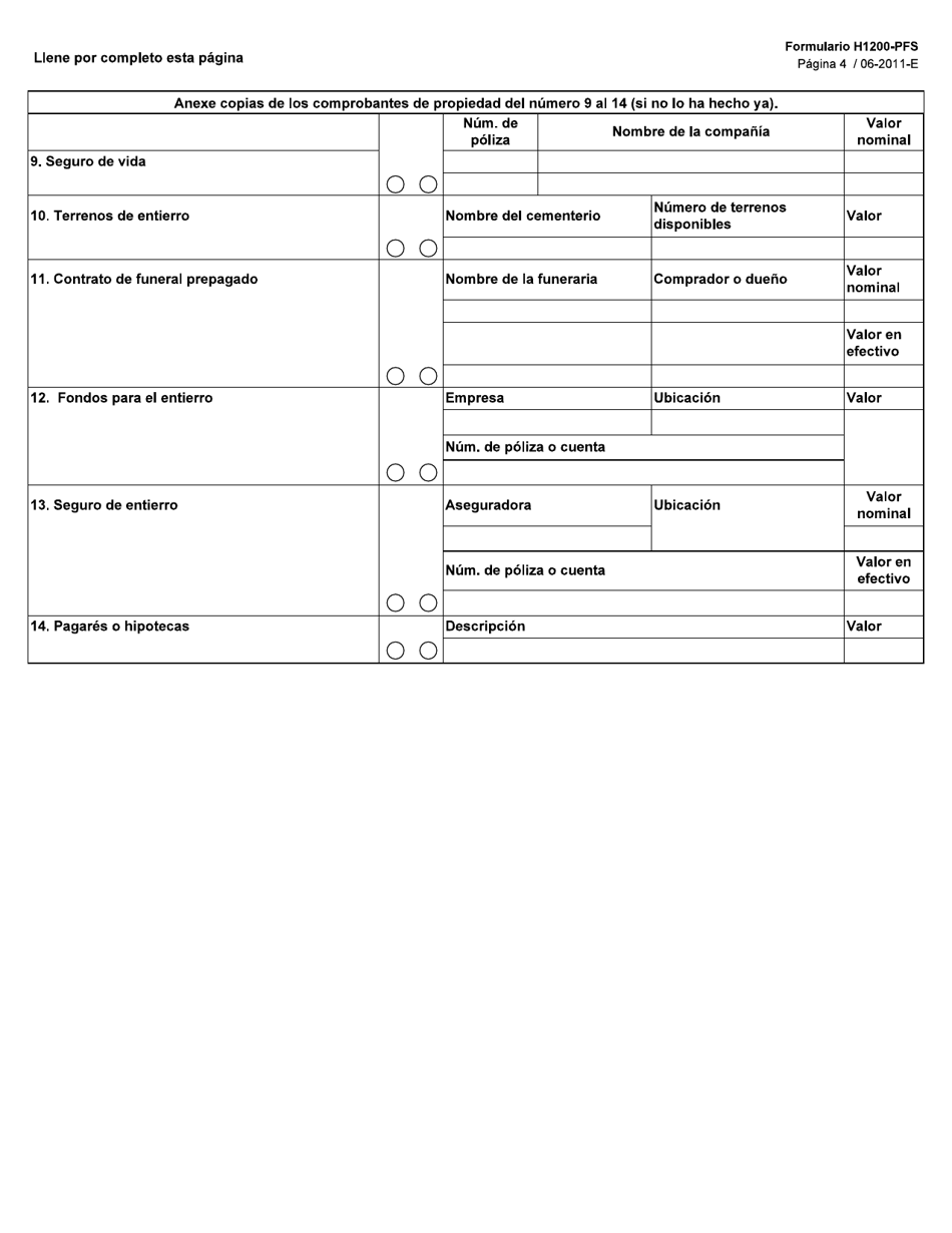 Formulario H1200-PFS-S Solicitud De Asistencia De Medicaid (Para Residentes De Centros Estatales) Declaracion De Bienes Y Financiera - Texas (Spanish), Page 4