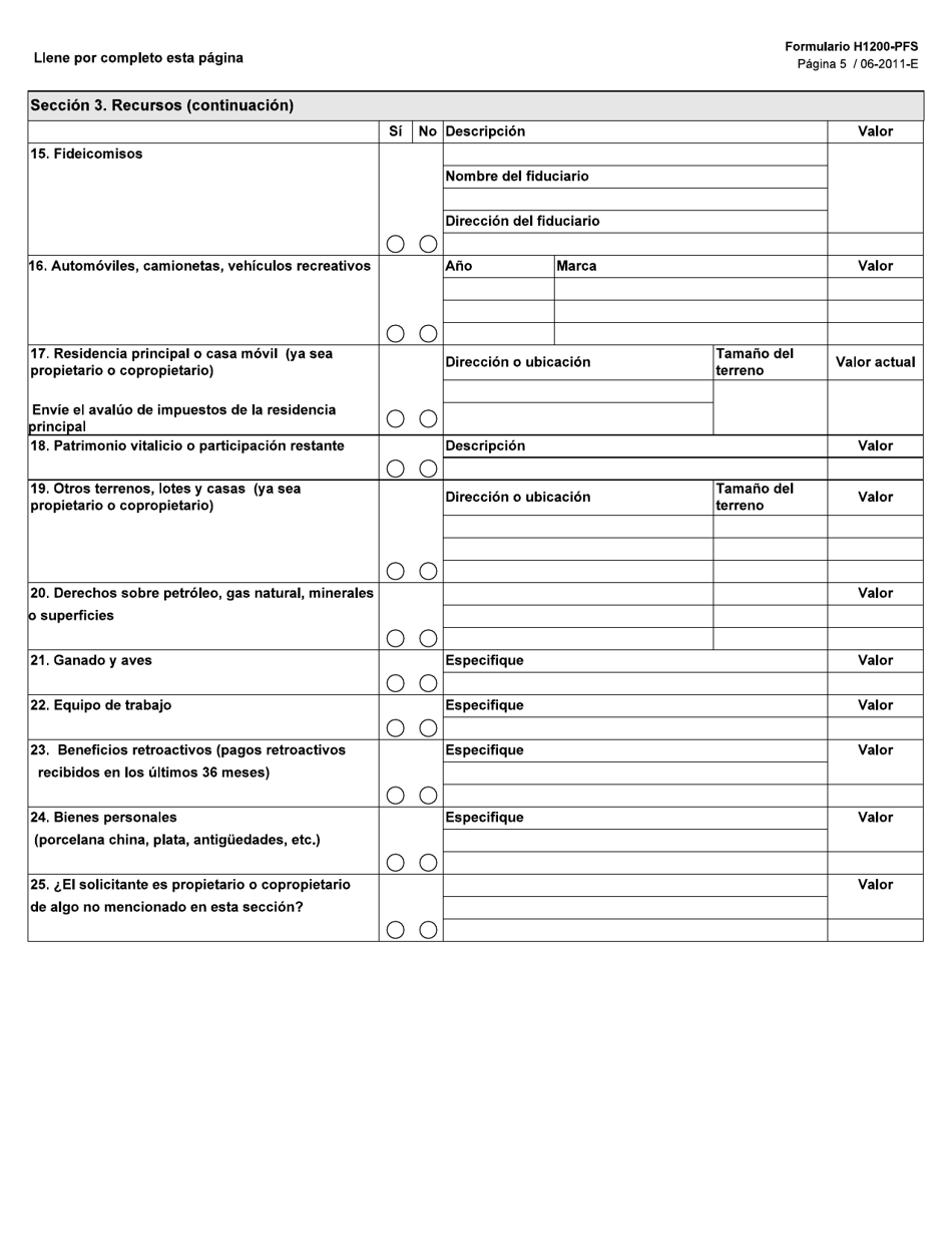 Formulario H1200-PFS-S Solicitud De Asistencia De Medicaid (Para Residentes De Centros Estatales) Declaracion De Bienes Y Financiera - Texas (Spanish), Page 5