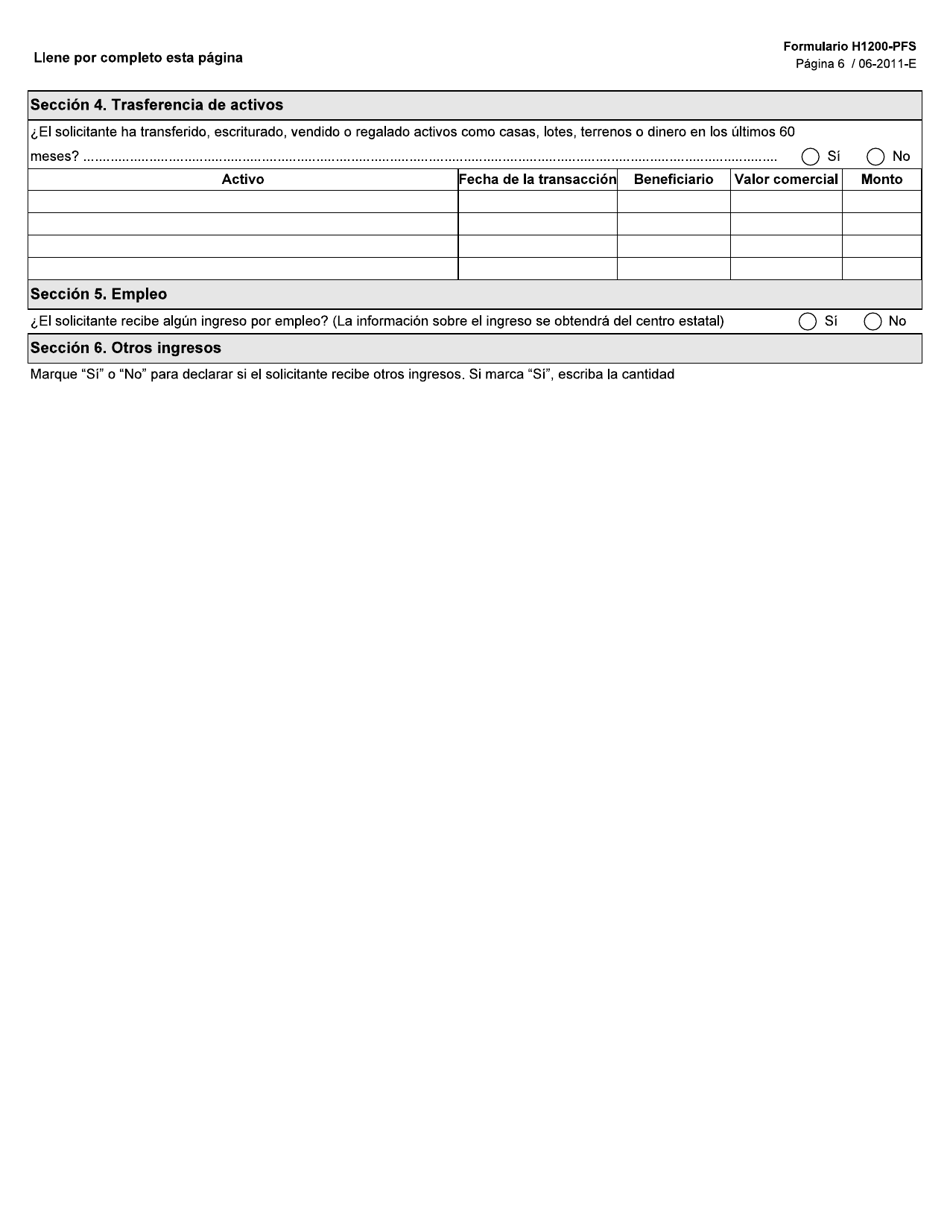 Formulario H1200-PFS-S Solicitud De Asistencia De Medicaid (Para Residentes De Centros Estatales) Declaracion De Bienes Y Financiera - Texas (Spanish), Page 6