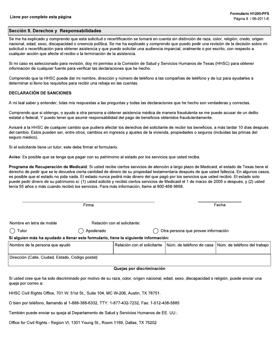 Formulario H1200-PFS-S Solicitud De Asistencia De Medicaid (Para Residentes De Centros Estatales) Declaracion De Bienes Y Financiera - Texas (Spanish), Page 9