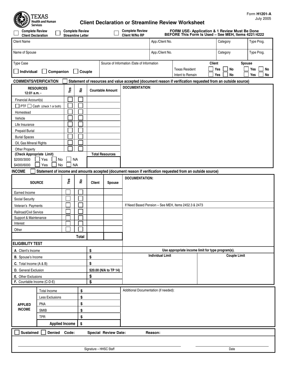 Form H1201-A Client Declaration or Streamline Review Worksheet - Texas, Page 1