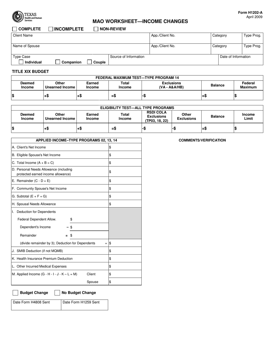 Form H1202-A Mao Worksheet - Income Changes - Texas, Page 1