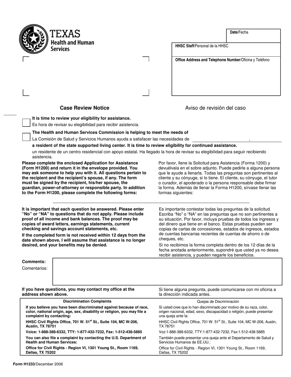 Form H1233 Case Review Notice - Texas (English / Spanish), Page 1