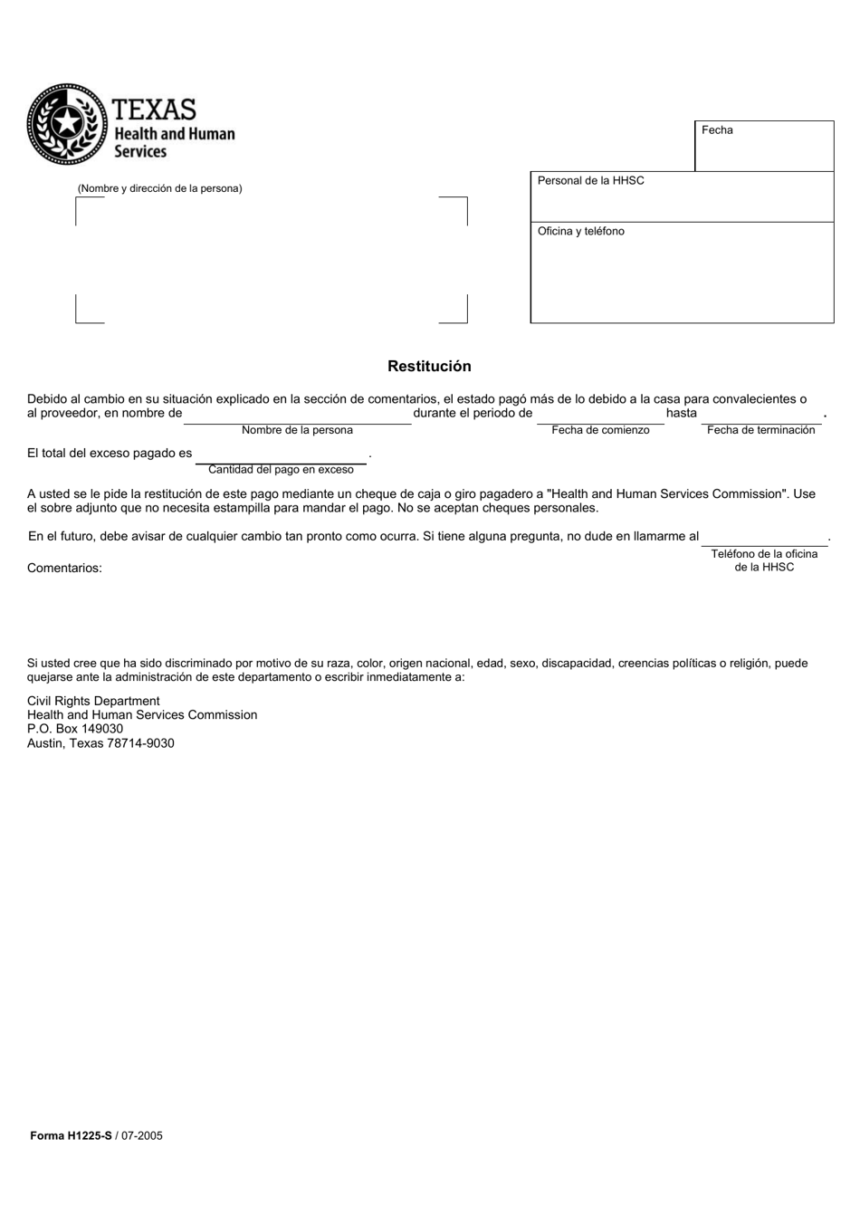 Formulario H1225-S Restitucion - Texas (Spanish), Page 1