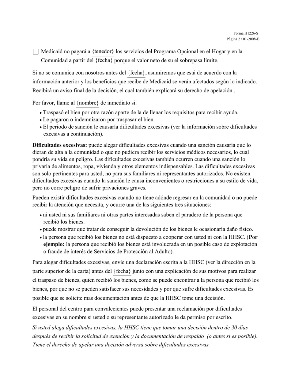 Formulario H1226-S Traspaso De Bienes / Aviso De Dificultades Excesivas - Texas (Spanish), Page 2