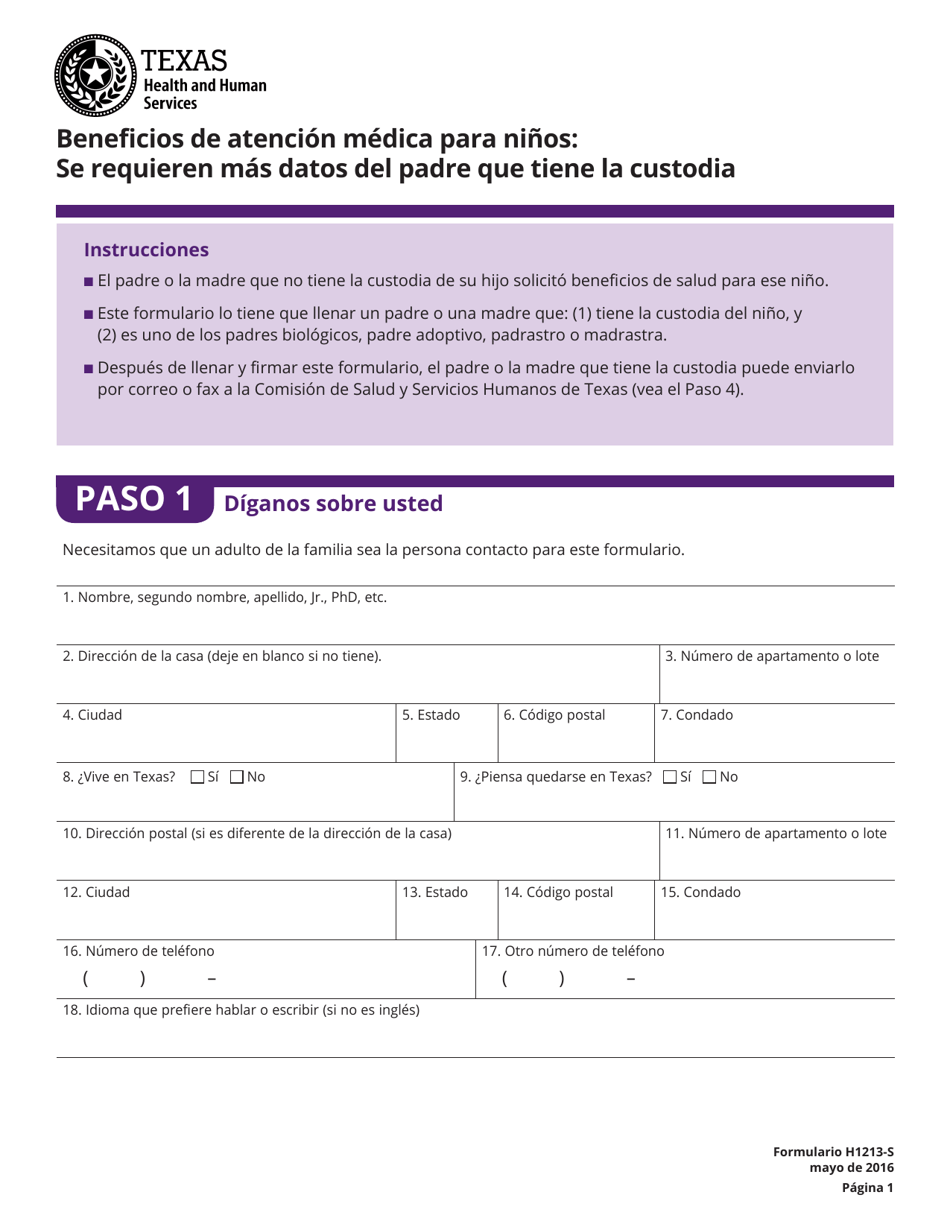 Formulario H1213-S Beneficios De Atencion Medica Para Ninos: Se Requieren Mas Datos Del Padre Que Tiene La Custodia - Texas (Spanish), Page 1