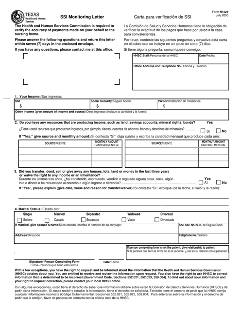 Form H1224 Ssi Monitoring Letter - Texas (English/Spanish)