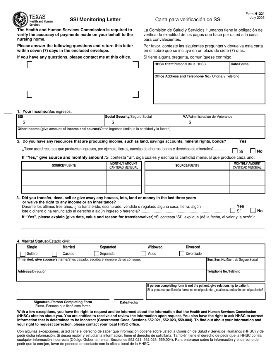 Form H1224 Ssi Monitoring Letter - Texas (English / Spanish), Page 1