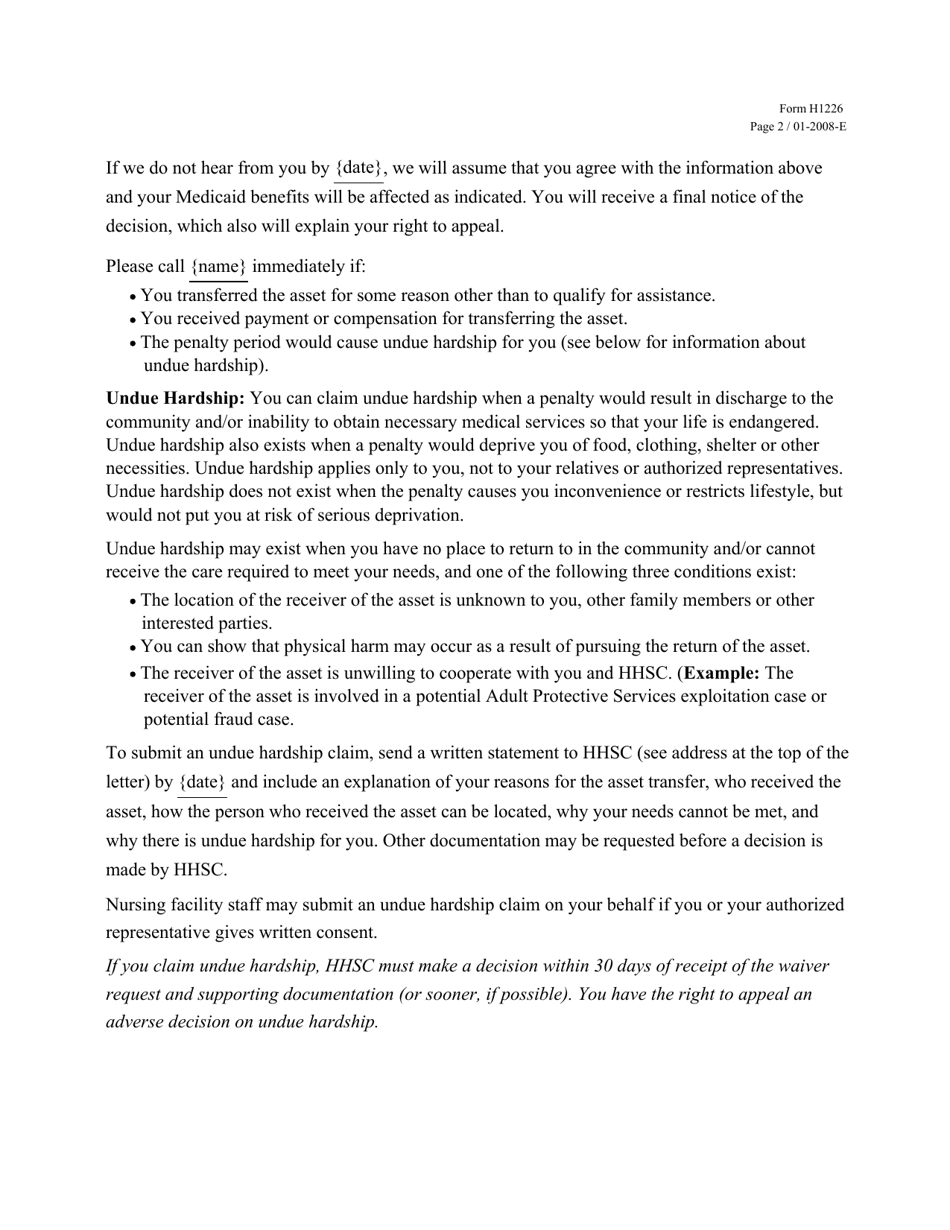 Form H1226 Transfer of Assets / Undue Hardship Notification - Texas, Page 2