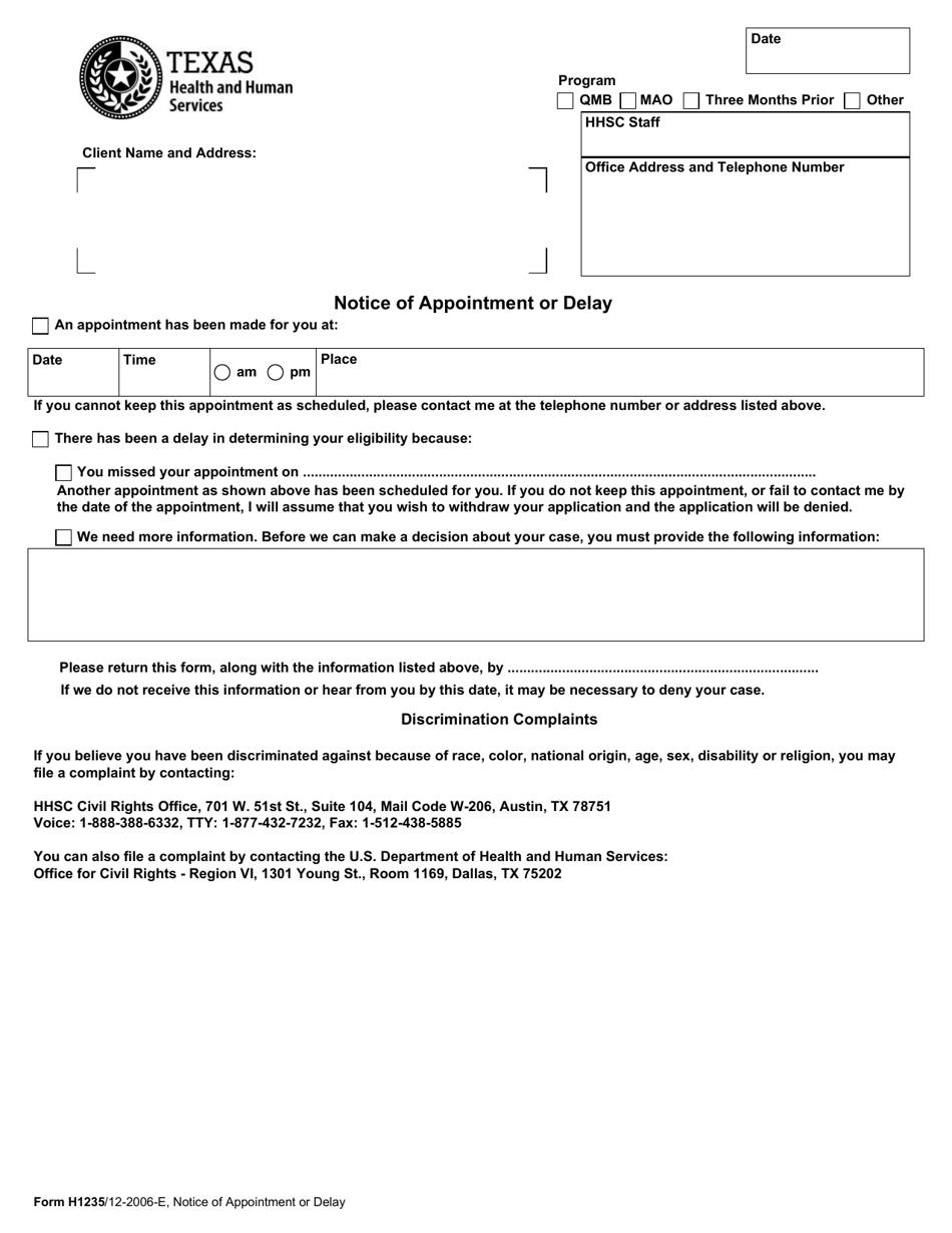 Form H1235 Notice of Appointment or Delay - Texas, Page 1