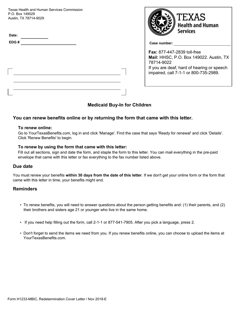 Form H1233-MBIC Redetermination Cover Letter (Medicaid Buy-In for Children) - Texas, Page 1