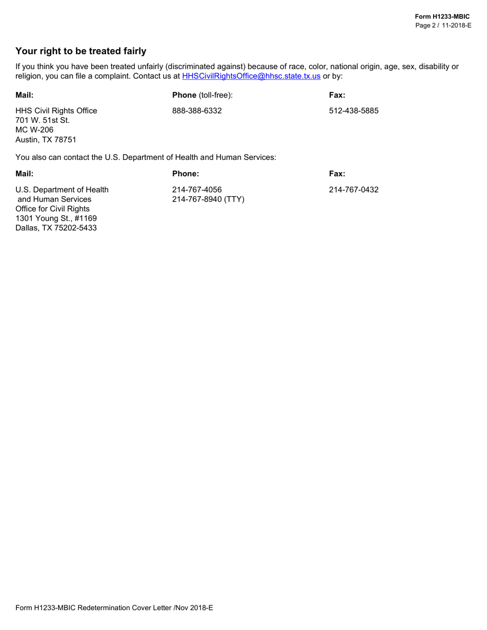 Form H1233-MBIC Redetermination Cover Letter (Medicaid Buy-In for Children) - Texas, Page 2