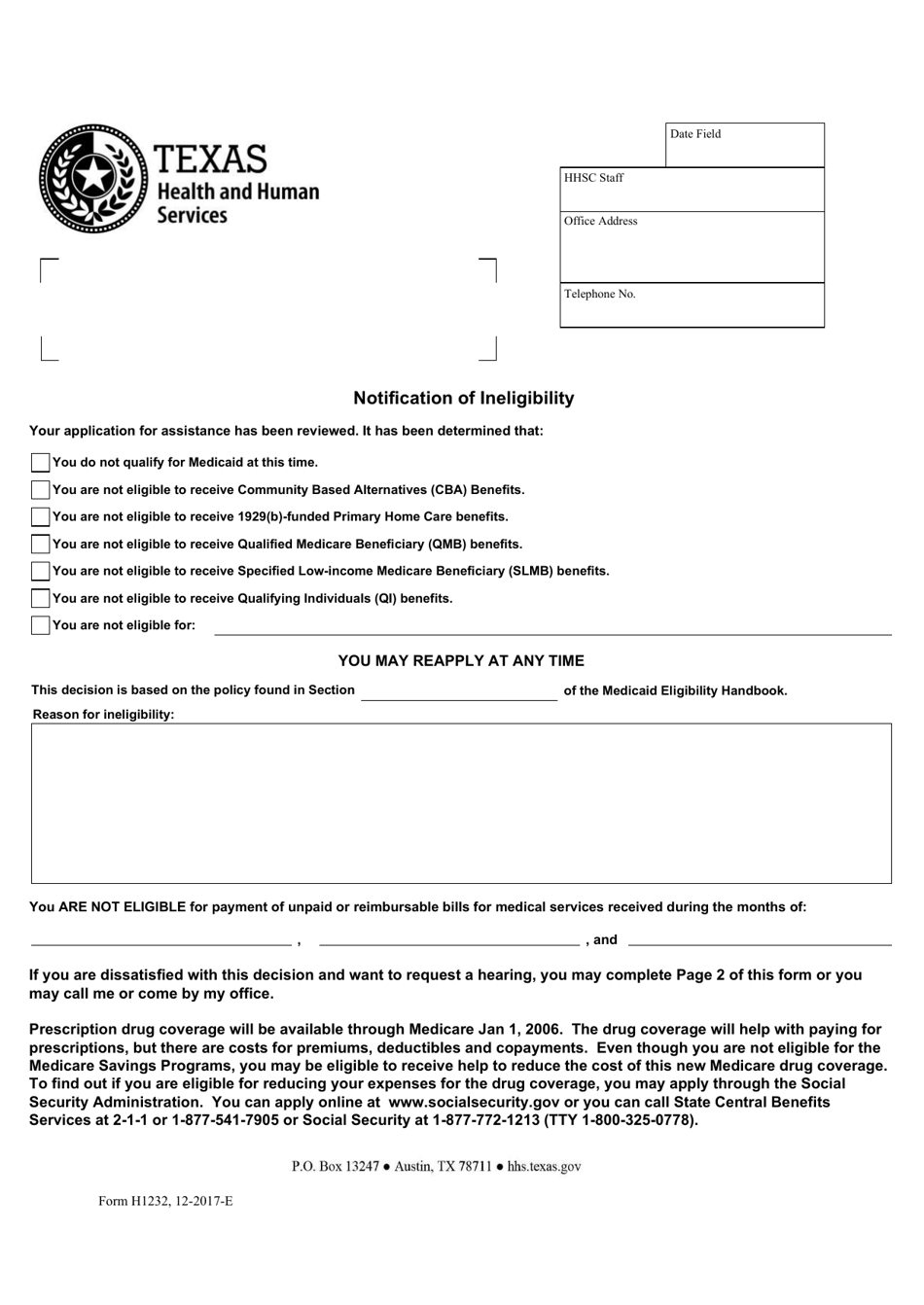 Form H1232 Notification of Ineligibility - Texas, Page 1