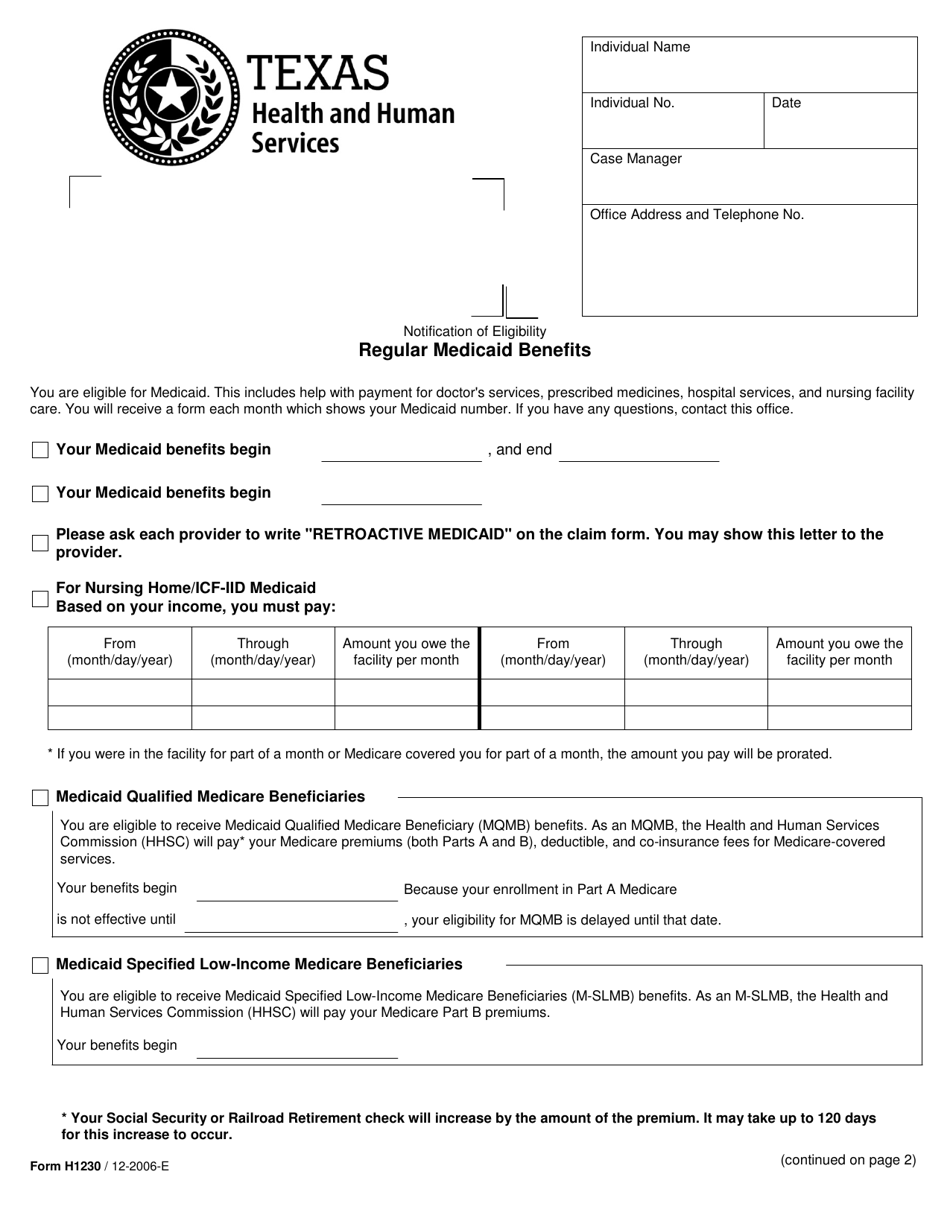 Form H1230 Notification of Eligibility - Regular Medicaid Benefits - Texas, Page 1