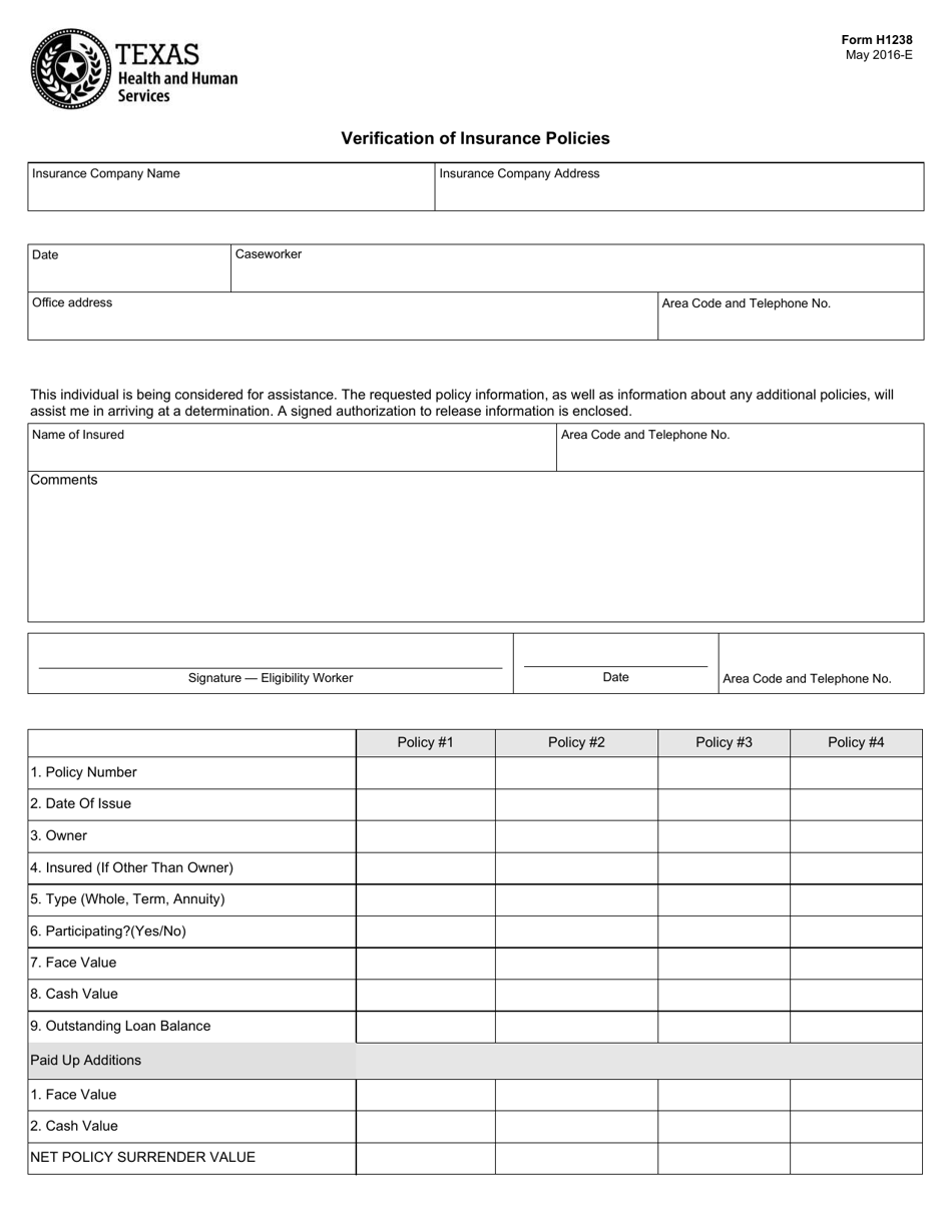 Form H1238 Verification of Insurance Policies - Texas, Page 1