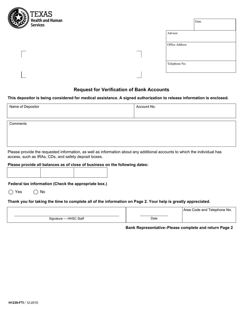 Form H1239-FTI Request for Verification of Bank Accounts - Fti - Texas, Page 1