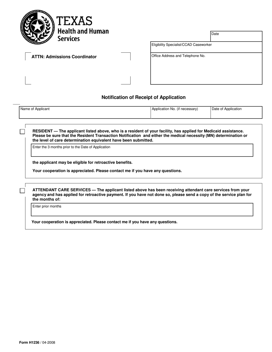 Form H1236 Notification of Receipt of Application - Texas, Page 1
