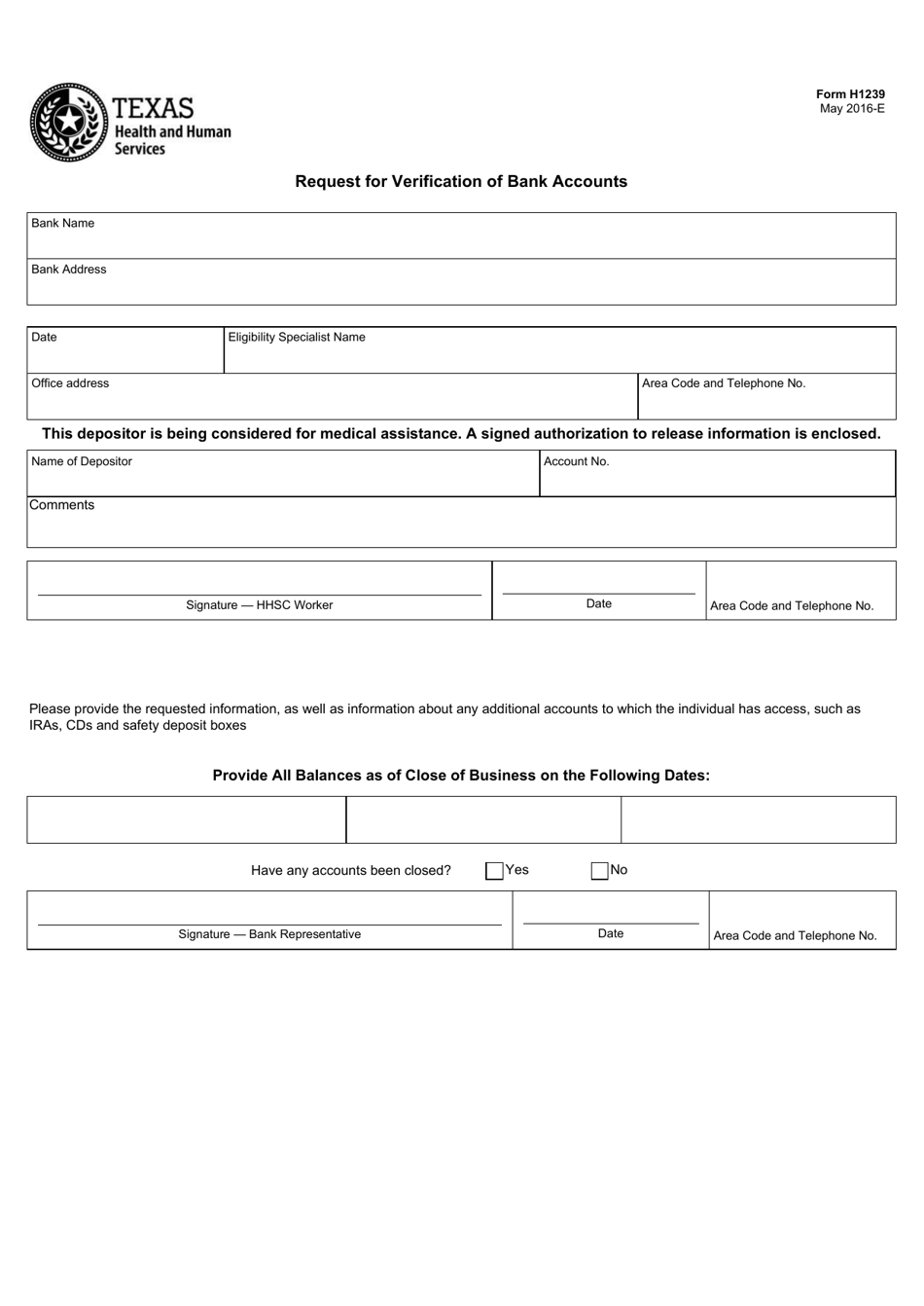 Form H1239 Request for Verification of Bank Accounts - Texas, Page 1