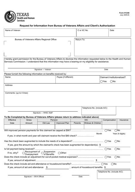 Form H1240 Request for Information From Bureau of Veterans Affairs and Client's Authorization - Texas