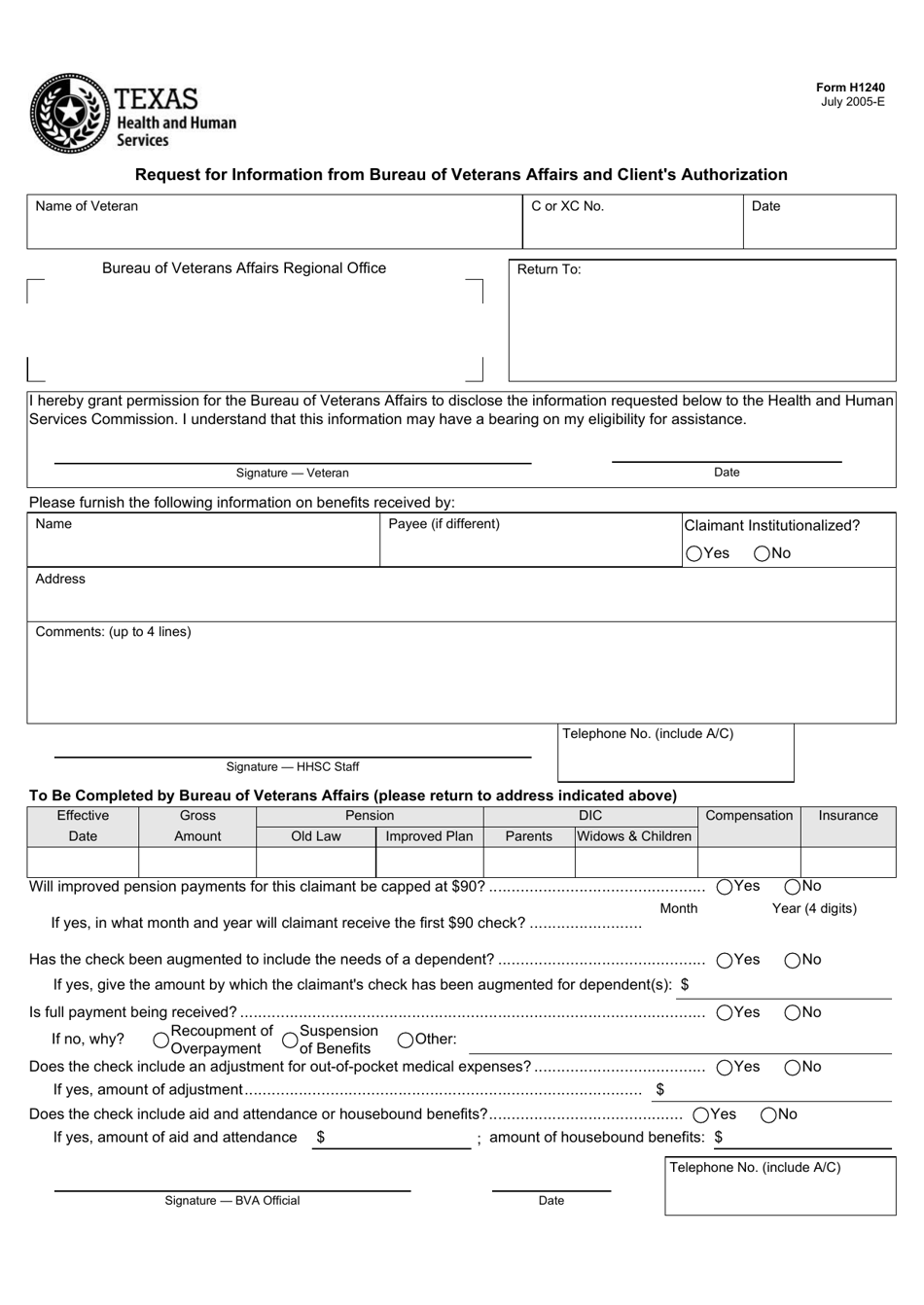 Form H1240 Request for Information From Bureau of Veterans Affairs and Clients Authorization - Texas, Page 1