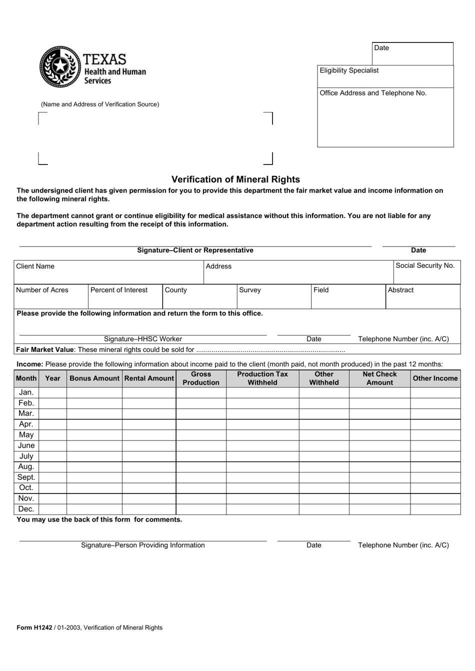 Form H1242 Verification of Mineral Rights - Texas, Page 1
