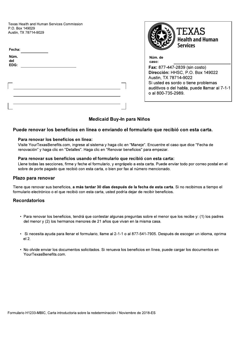 Formulario H1233-MBIC-S Redetermination Cover Letter (Medicaid Buy-In for Children) - Texas (Spanish), Page 1