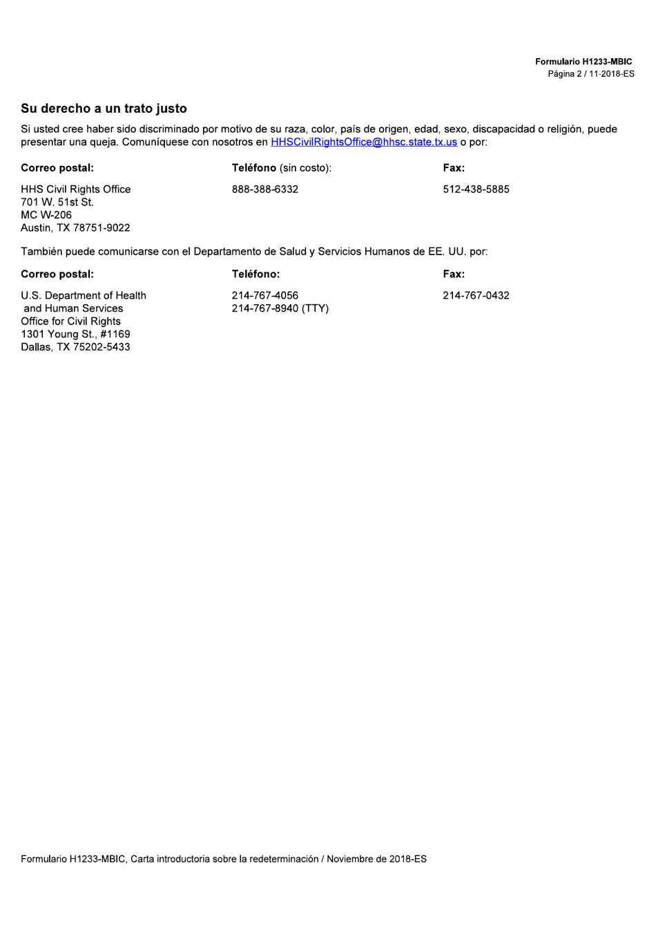 Formulario H1233-MBIC-S Redetermination Cover Letter (Medicaid Buy-In for Children) - Texas (Spanish), Page 2