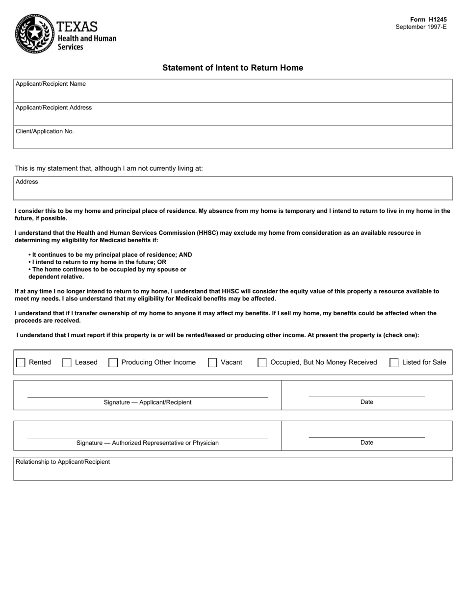 Form H1245 Statement of Intent to Return Home - Texas, Page 1