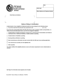 Form H1247 Notice of Delay in Certification - Texas