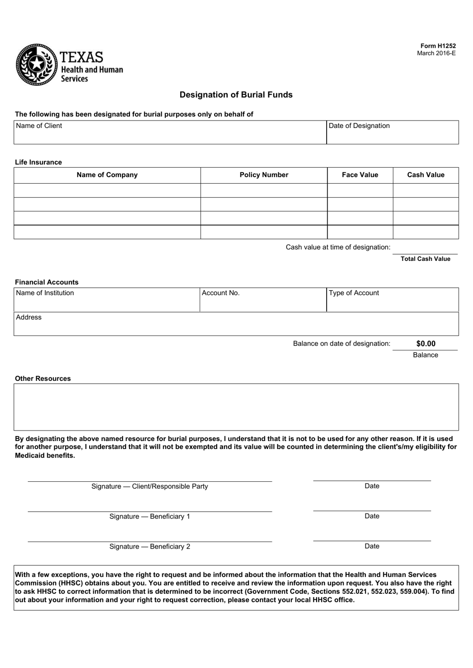 Form H1252 Designation of Burial Funds - Texas, Page 1