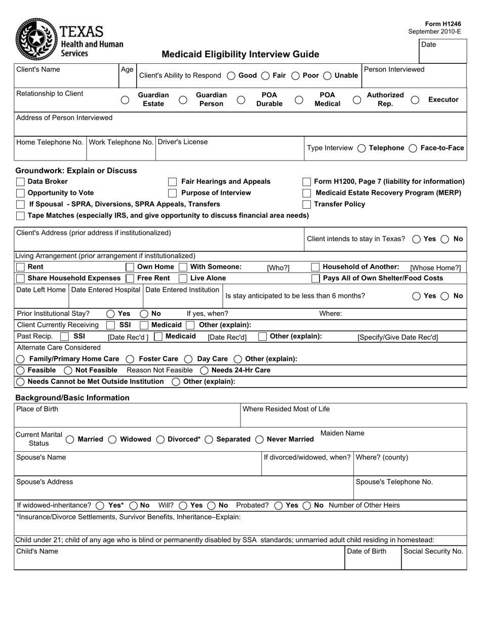 Form H1246 Medicaid Eligibility Interview Guide - Texas, Page 1