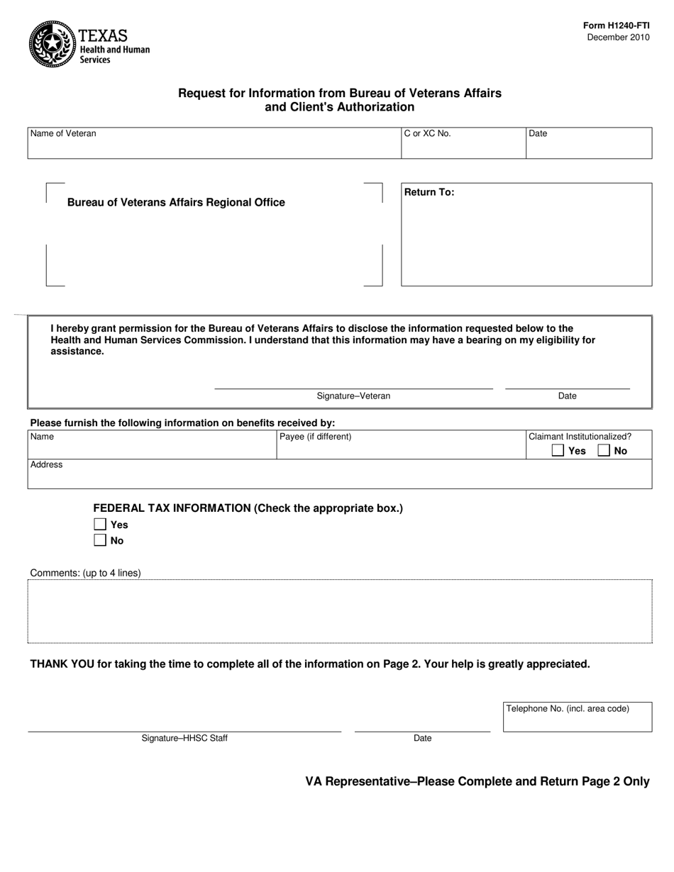 Form H1240-FTI Request for Information From Bureau of Veterans Affairs and Clients Authorization - Texas, Page 1