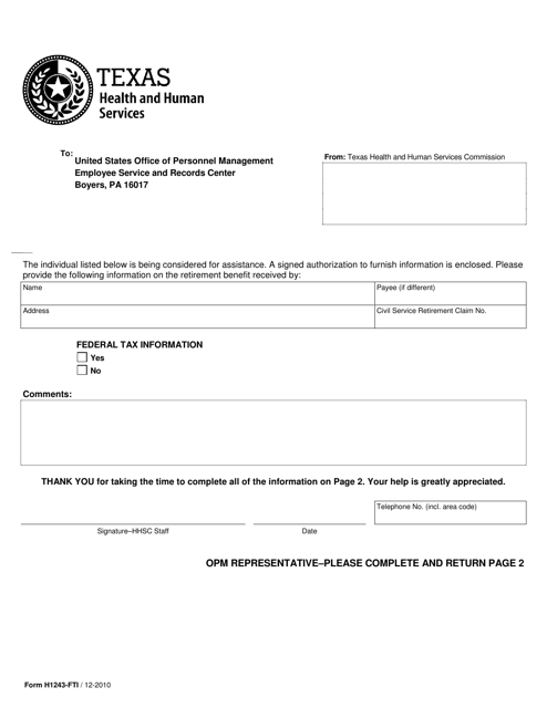 Form H1243-FTI Verification of Civil Services Benefits - Fti - Texas