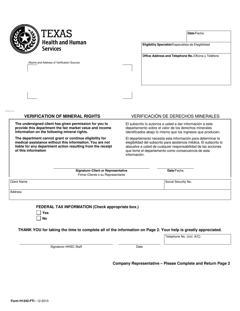 Form H1242-FTI Verification of Mineral Rights - Texas (English / Spanish), Page 1