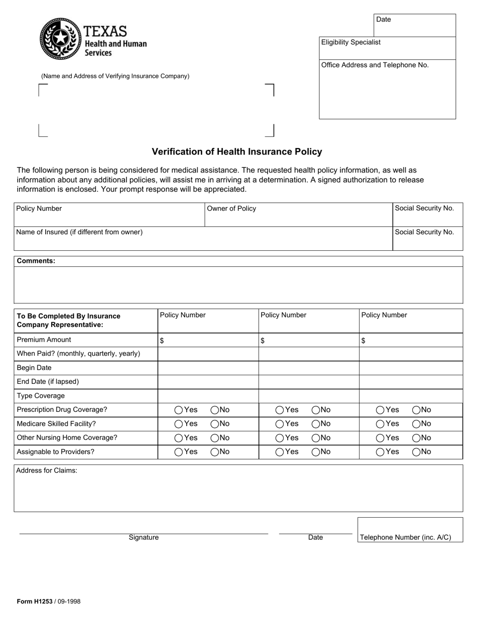 Form H1253 Verification of Health Insurance Policy - Texas, Page 1