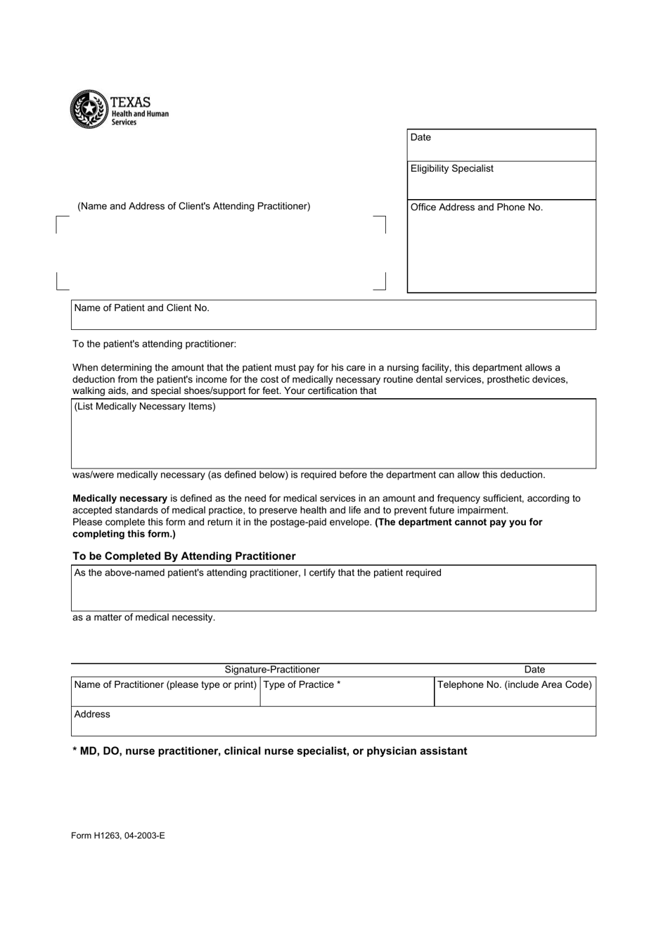 Form H1263 Certification of Medical Necessity - Texas, Page 1