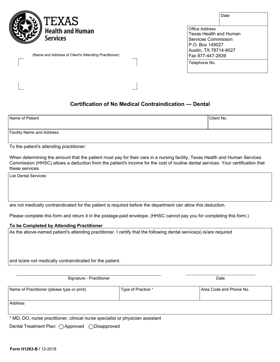Form H1263-B Certification of No Medical Contraindication - Dental - Texas, Page 1