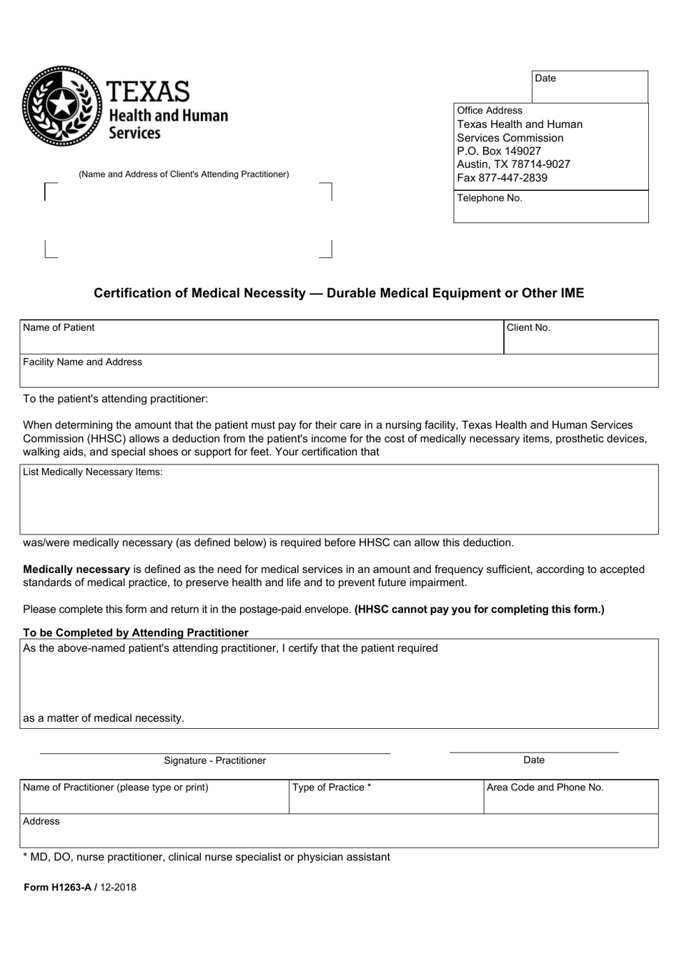Form H1263-A Certification of Medical Necessity - Durable Medical Equipment or Other Ime - Texas, Page 1