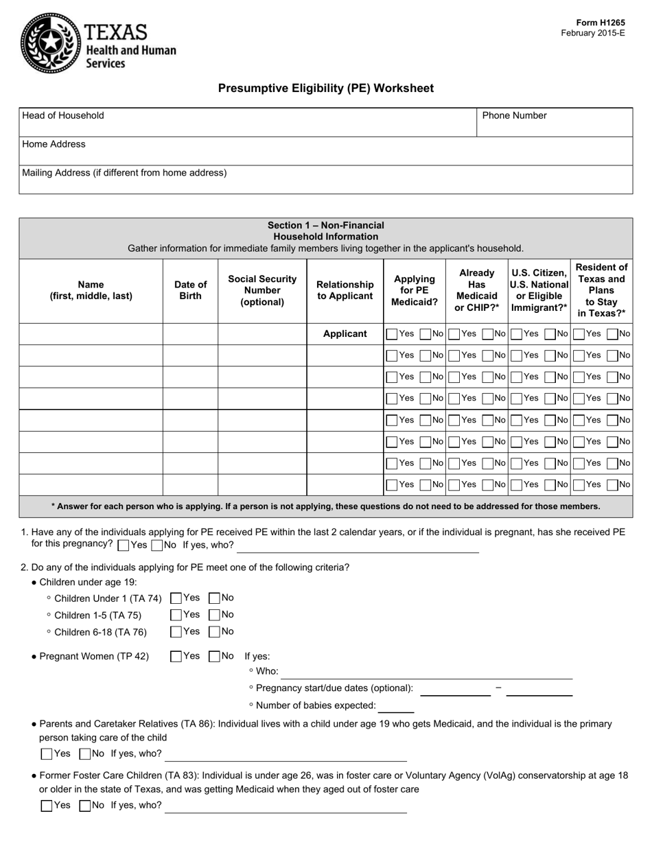 Form H1265 Presumptive Eligibility (Pe) Worksheet - Texas, Page 1