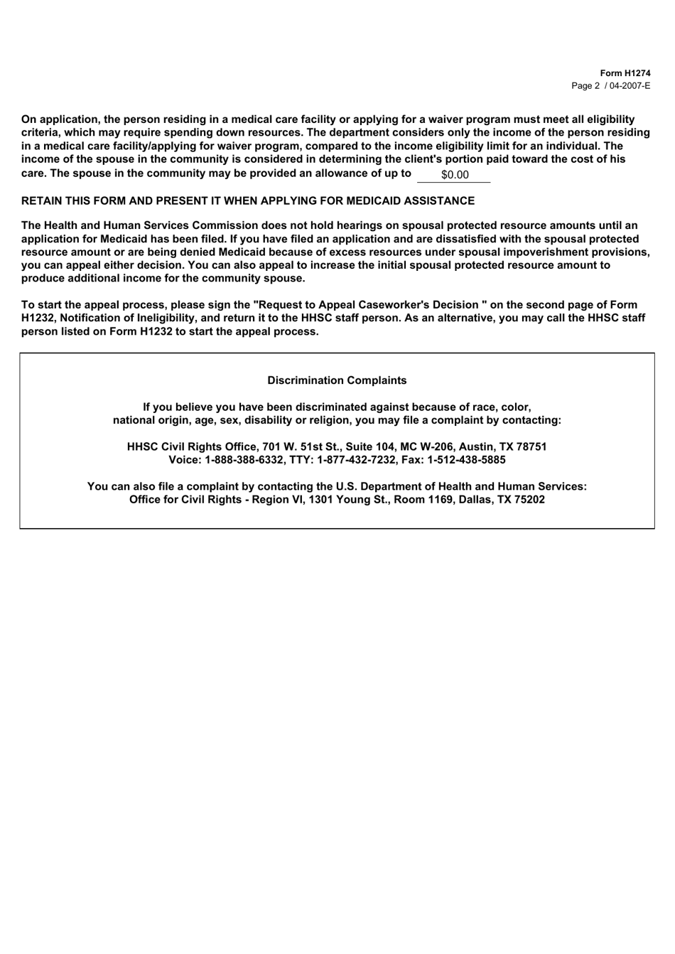 Form H1274 Medicaid Eligibility Resource Assessment Notification - Texas, Page 2