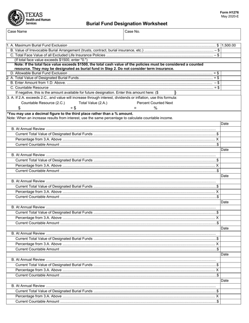Form H1276 Burial Fund Designation Worksheet - Texas
