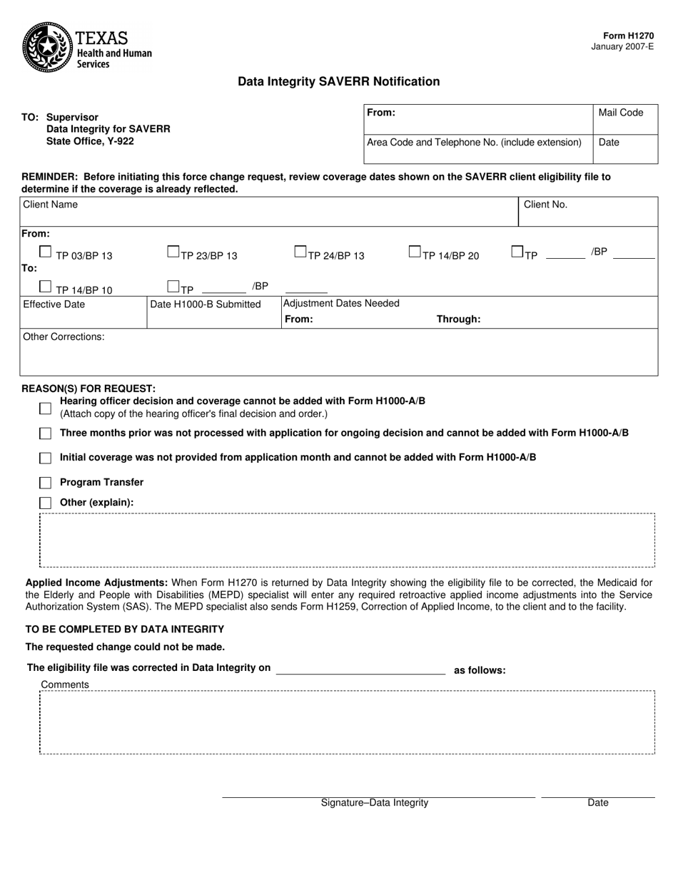 Form H1270 Data Integrity Saverr Notification - Texas, Page 1