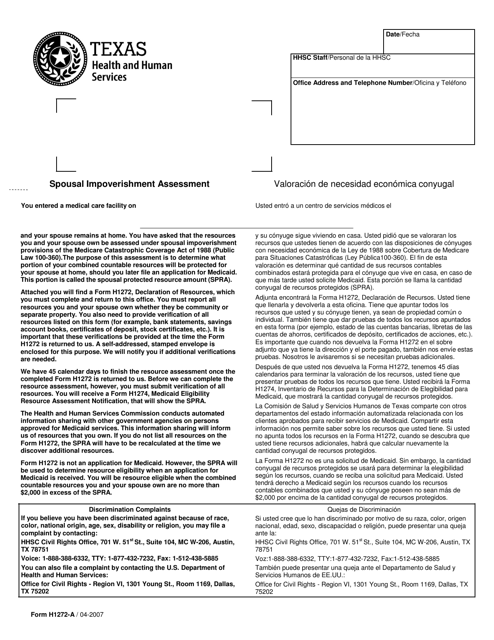Form H1272-A Spousal Impoverishment Assessment Letter - Texas (English/Spanish)